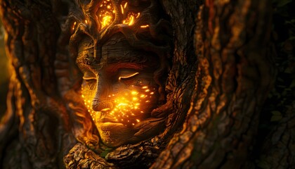 Aufkleber - Close-up of a glowing traditional artifact carved into a surreal tree, illuminated by cinematic golden light
