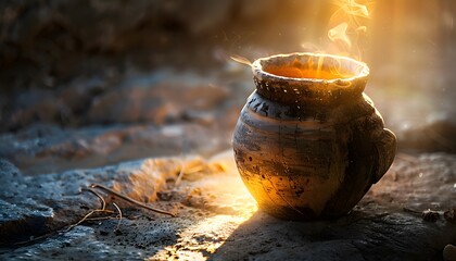 Aufkleber - Close-up of a glowing ceramic pot resting on a surreal stone surface, illuminated by cinematic soft light, cultural depth