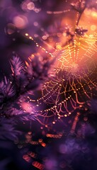 Poster - Macro shot of glowing morning dew on a spiderweb, cinematic intricate detail