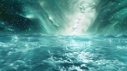Poster - Wide-angle view of a glowing northern lights display over a serene frozen lake, cinematic surreal beauty