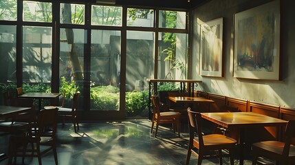 Poster - A modern dining area with sleek wooden furniture, minimalist decor, and soft natural light streaming through large windows overlooking a garden, creating a clean and elegant cinematic scene
