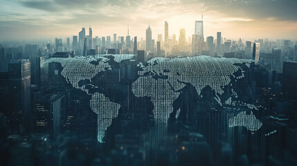 Digital world map made of binary code on a city background, global network concept