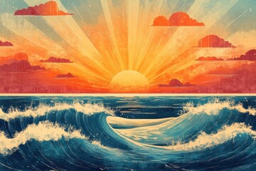 Wall Mural - vibrant sunset over ocean waves, textured art. ideal for travel, nature, or peace themes, evokes cal