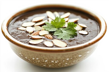 Poster - Delicious chocolate soup adorned with almond slices and fresh cilantro in a ceramic bowl