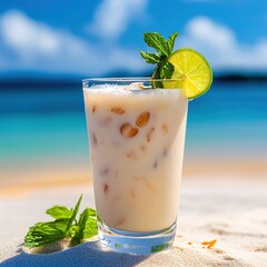 Aufkleber - Refreshing tropical cocktail on beach with lime and mint garnish against a bright blue sky