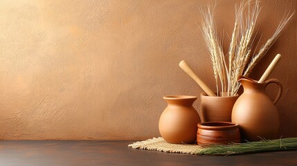Aufkleber - Rustic arrangement of earthenware pots and wheat stalks against a textured brown backdrop