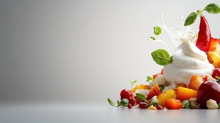 Aufkleber - Fresh Burrata Cheese Salad with Colorful Tomatoes and Basil Leaves in Creamy Milk Splash