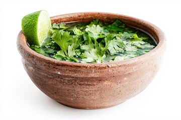 Poster - Fresh Cilantro and Lime Refreshing Broth in Rustic Bowl on White Background Still Life
