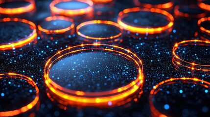 Poster - Abstract glowing circles on dark background with blue specks creating a futuristic scene