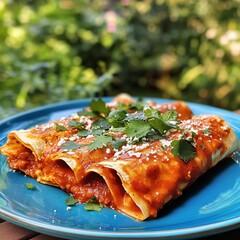 Delicious enchiladas with red sauce and fresh cilantro on a bright blue plate outdoor