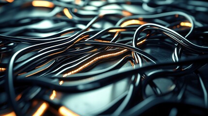 Fototapete - Abstract metallic cables with orange light glowing in the background modern technology design