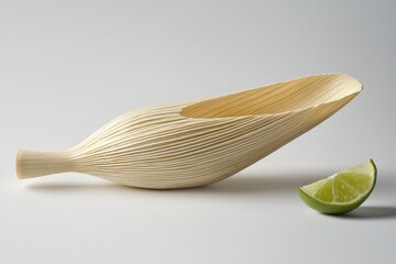 Aufkleber - Elegant Still Life with Sculpted Wooden Bowl and Vibrant Lime Slice on a Clean White Surface