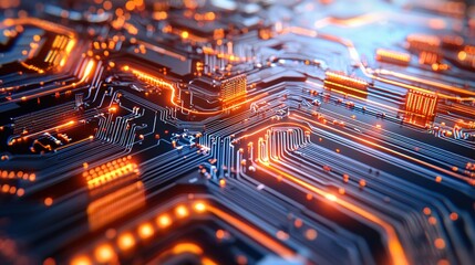 Fototapete - Intricate network of glowing circuits on a futuristic motherboard design with vibrant light