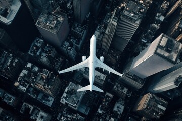 Aufkleber - Airplane flying over a bustling city skyline during daylight with urban structures below. Generative AI