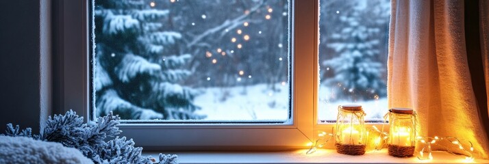 Wall Mural - Cozy winter evening with warm lights and snowy scenery outside window. Generative AI