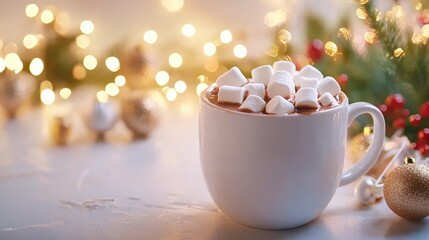 Poster - Festive Hot Chocolate with Marshmallows and Christmas Lights Creates a Cozy Winter Scene