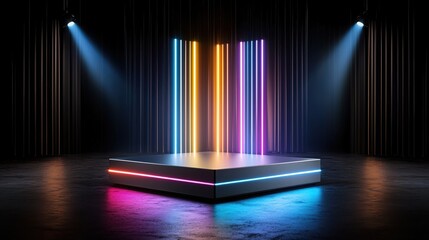 Aufkleber - Modern minimalist stage with vibrant neon lights illuminating a dark background presentation scene