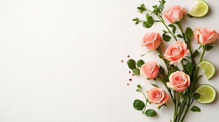 Poster - Elegant peach roses and fresh lime slices on white textured background in a floral arrangement