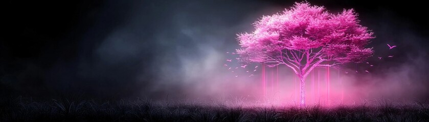 Poster - a futuristic jungle where trees are made of metal and emit soft, pulsating neon lights, while glowin
