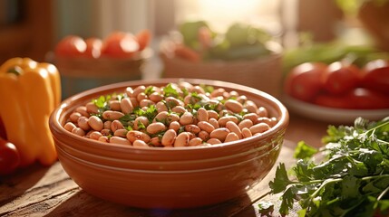 Poster - Rustic Bowl of Pinto Beans with Fresh Parsley and Vegetables in Warm Natural Sunlight