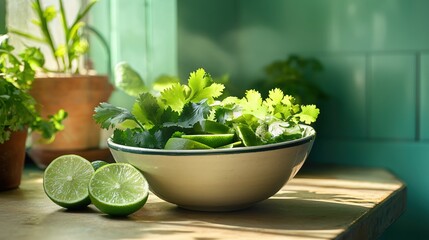 Poster - Fresh Limes and Cilantro in a Bowl on a Wooden Table bathed in Natural Sunlight