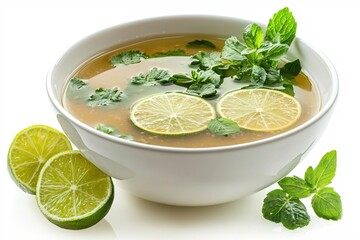 Poster - Refreshing lime and mint broth in a white bowl a culinary delight for healthy eating
