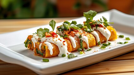 Poster - Delicious golden enchiladas smothered in creamy sauce and fresh herbs on a white plate