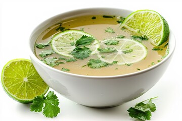 Poster - Refreshing lime soup with cilantro in a white bowl on a bright white background close up