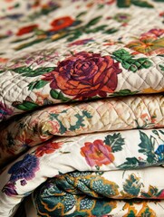 Leinwandbilder - Close up view of vibrant patterned fabrics showcasing floral and geometric designs with space for text inclusion. Generative AI