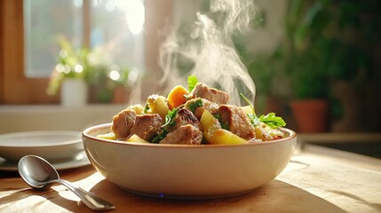 Poster - Steaming pork stew with potatoes and carrots in a bowl on a wooden table warm light
