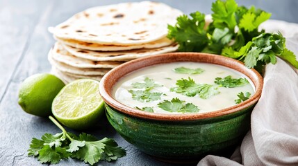 Poster - Creamy avocado soup with lime and cilantro served in a green bowl with tortillas