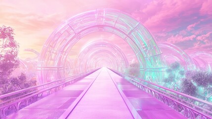 Wall Mural - Ethereal Gently Arching Footbridge in Fractal Landscape at Dusk