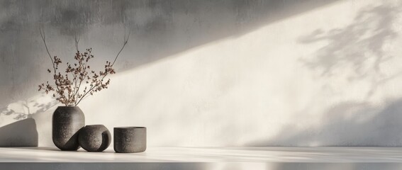 Fototapete - Elegant minimalism captures a serene moment with a vase and delicate branches on a white table against a plain background