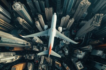 Poster - Airplane flying over a busy city skyline with tall buildings and urban landscape. Generative AI