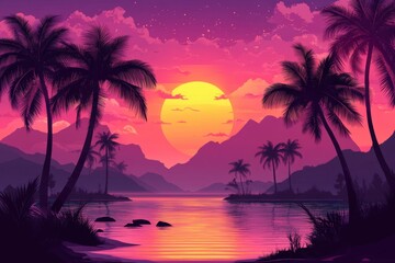 Wall Mural - Vibrant sunset over tropical beach, palm trees silhouetted against the sky. Ideal for travel, vacation, or summer themed designs.