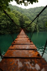 Wall Mural - Rustic bridge crosses a river. Forest in background. For travel ads or inspiration