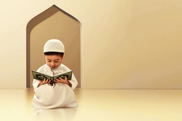 Wall Mural - Asian muslim kid reading holy book quran in the mosque door arch, eid adha mubarak concept