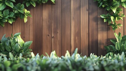 Sticker - Lush green plants frame a rich brown wooden fence. Perfect for nature, garden, or rustic themes.