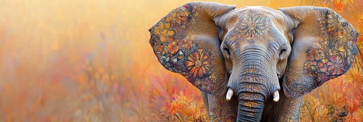 Leinwandbilder - Colorful elephant adorned with intricate patterns in a warm, vibrant landscape during sunset. Generative AI