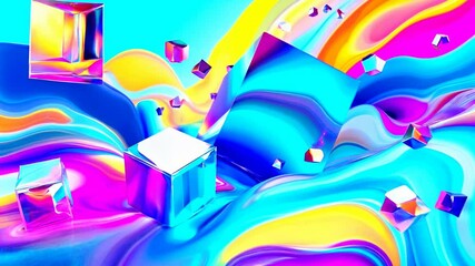 Poster - Vibrant abstract cubes floating over colorful swirling liquid background