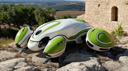 Sticker - Eco-friendly robot vehicle on rocks, rural setting