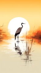 Canvas Print - Crane in lake sunset animal bird.