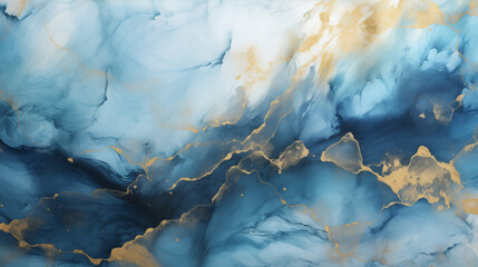 Aufkleber - Elegant blue watercolor background with golden veins and cracked marble texture. Hand painted brush strokes for luxury designs