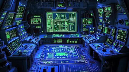 Poster - Futuristic control room filled with glowing screens and intricate technology in a sci-fi setting