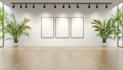 Indoor art gallery with blank frames for display amid plants and wood flooring generative AI