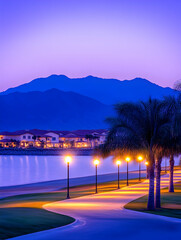 Wall Mural - calm coastal pathway at dusk with palm trees and houses on the water; vacation generative ai