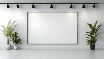 Mockup blank canvas on white wall with plants and lighting for presentation use generative AI