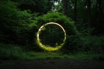 Wall Mural - Glowing circle in green forest. Magical portal, nature, mystery concept