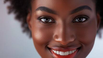 Wall Mural - Close-up portrait of a smiling woman with curly hair, showcasing vibrant skin tones and a joyful expression