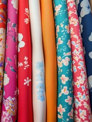 Leinwandbilder - Close up view of vibrant patterned fabrics with floral and geometric designs showcasing a variety of colors and textures. Generative AI
